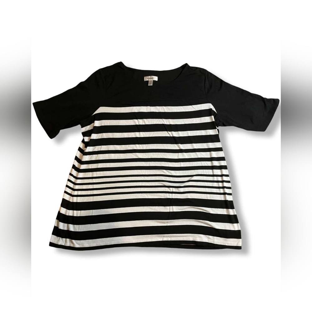 Dressbarn Black/White Horizontal Stripes Partial/Half-Sleeve Top, Size 1X
